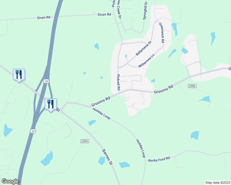 map of restaurants, bars, coffee shops, grocery stores, and more near 543 Grooms Road in Reidsville