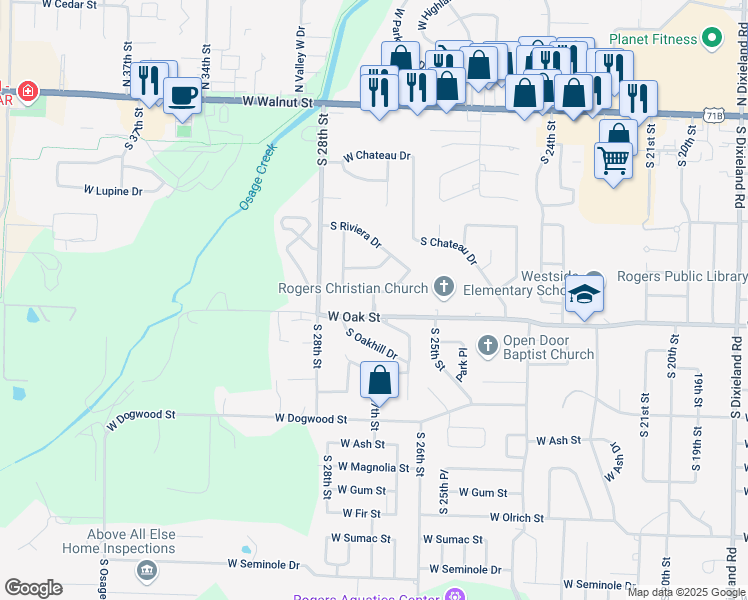 map of restaurants, bars, coffee shops, grocery stores, and more near 851 Saint Jacques Drive in Rogers