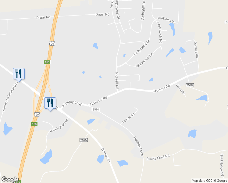 map of restaurants, bars, coffee shops, grocery stores, and more near 543 Grooms Road in Reidsville