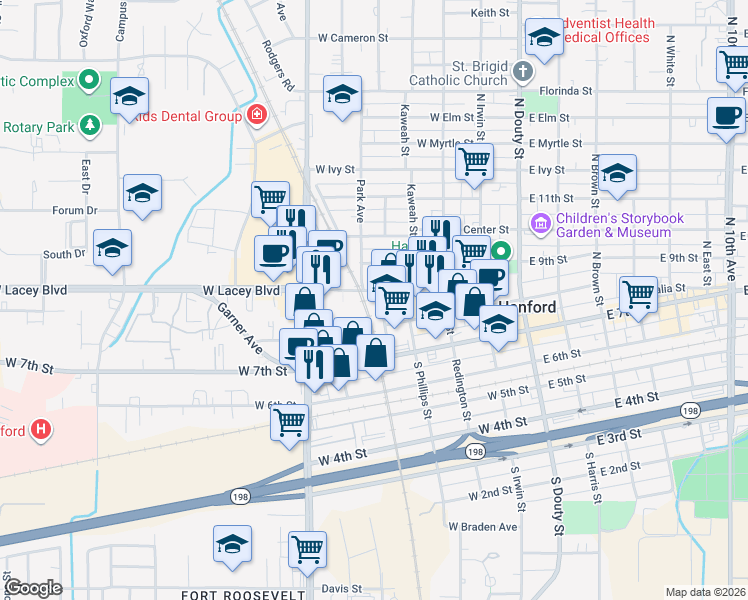 map of restaurants, bars, coffee shops, grocery stores, and more near 353 Santa Fe Ave in Hanford