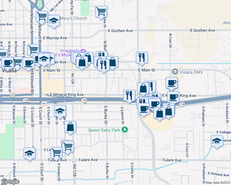 map of restaurants, bars, coffee shops, grocery stores, and more near 1016 East Mineral King Avenue in Visalia