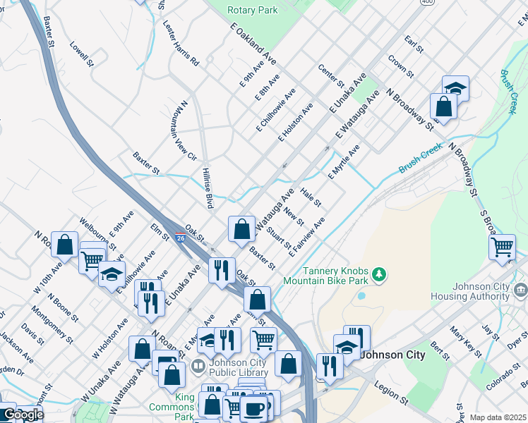 map of restaurants, bars, coffee shops, grocery stores, and more near 400 Stuart Street in Johnson City