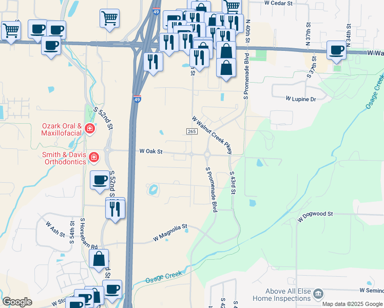 map of restaurants, bars, coffee shops, grocery stores, and more near North 40th Street in Rogers