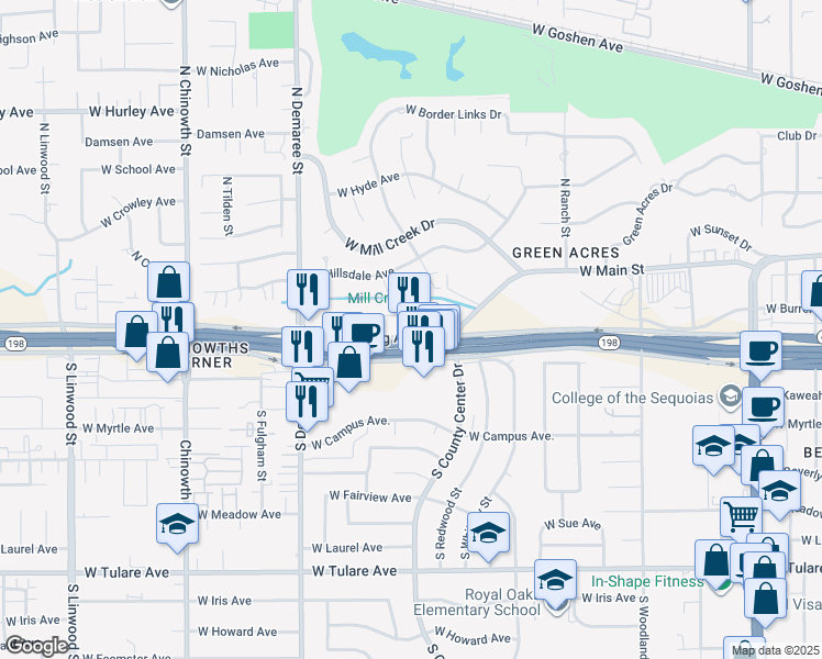 map of restaurants, bars, coffee shops, grocery stores, and more near 3300 West Mineral King Avenue in Visalia