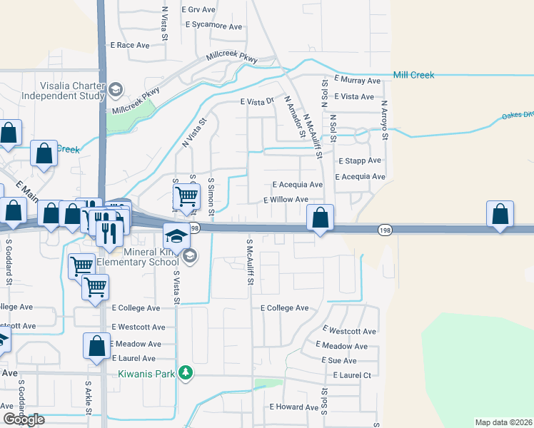 map of restaurants, bars, coffee shops, grocery stores, and more near 323 South Citrus Court in Visalia