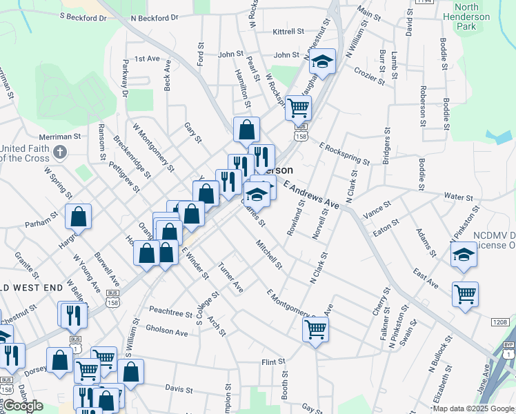 map of restaurants, bars, coffee shops, grocery stores, and more near 219 Charles Street in Henderson