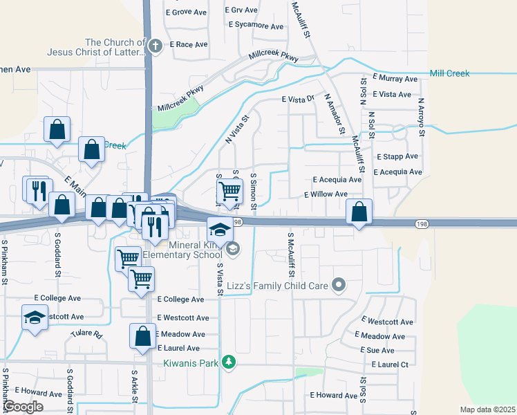 map of restaurants, bars, coffee shops, grocery stores, and more near 320 South Simon Street in Visalia