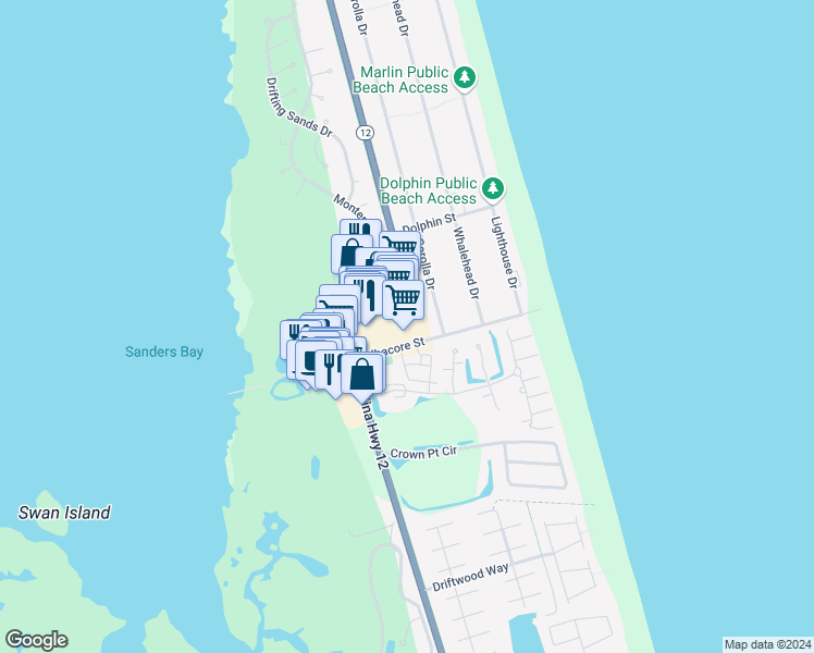 map of restaurants, bars, coffee shops, grocery stores, and more near 891 Albacore Street in Corolla