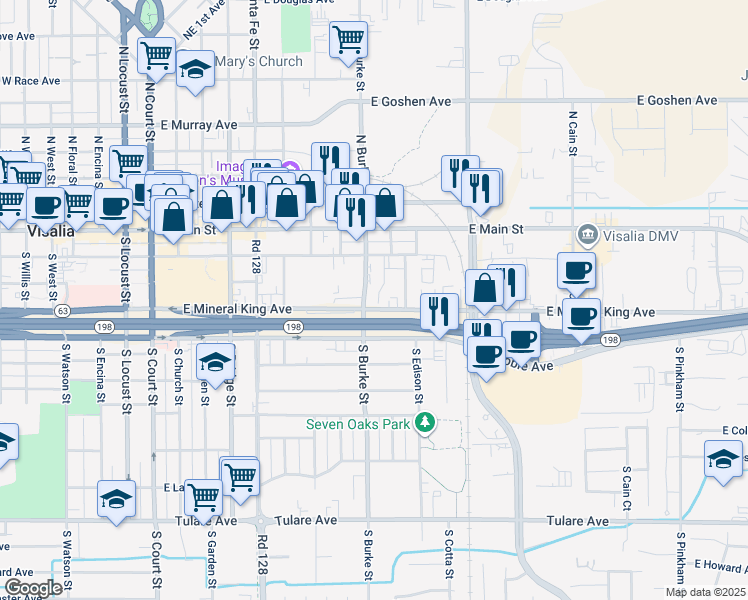 map of restaurants, bars, coffee shops, grocery stores, and more near 340 South Burke Street in Visalia