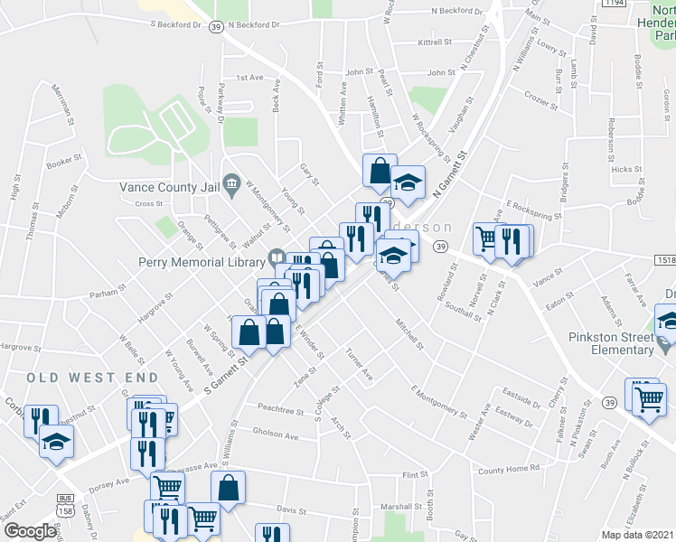 map of restaurants, bars, coffee shops, grocery stores, and more near 115 North Garnett Street in Henderson