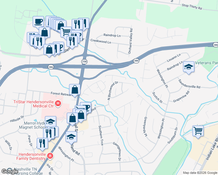 map of restaurants, bars, coffee shops, grocery stores, and more near 105 Cardinal Lane in Hendersonville