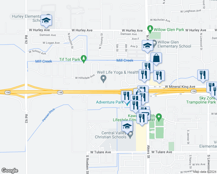 map of restaurants, bars, coffee shops, grocery stores, and more near 242 South Cottonwood Court in Visalia