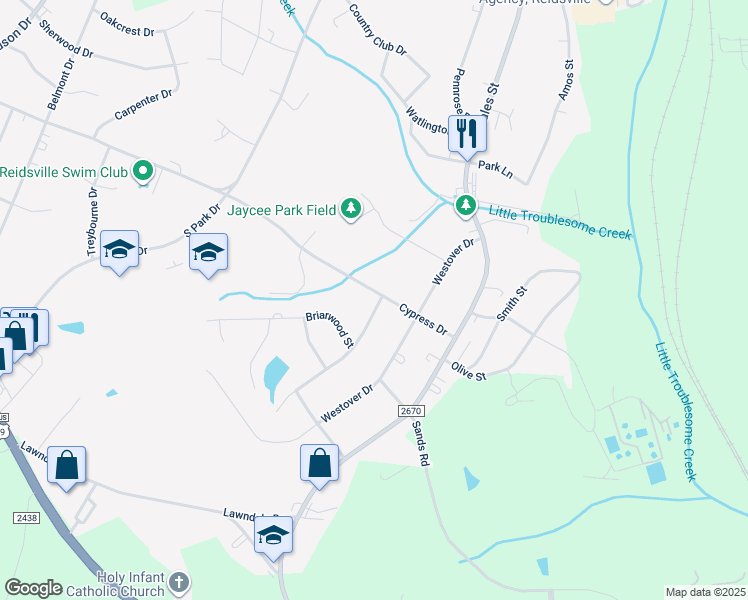 map of restaurants, bars, coffee shops, grocery stores, and more near 401 Cypress Drive in Reidsville