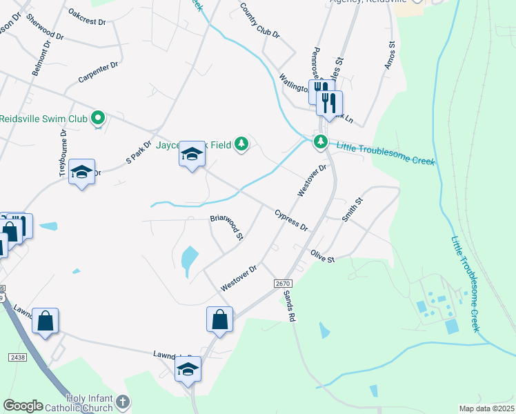 map of restaurants, bars, coffee shops, grocery stores, and more near 401 Cypress Drive in Reidsville