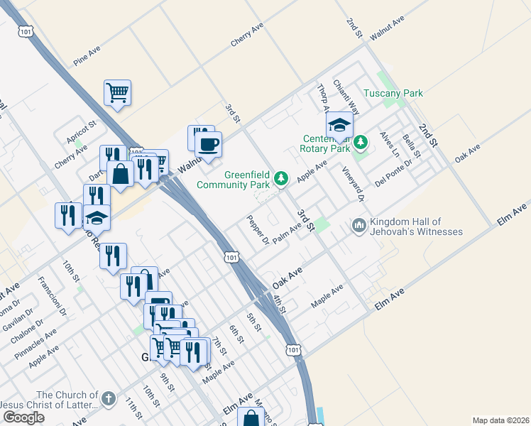 map of restaurants, bars, coffee shops, grocery stores, and more near 323 Wilson Circle in Greenfield