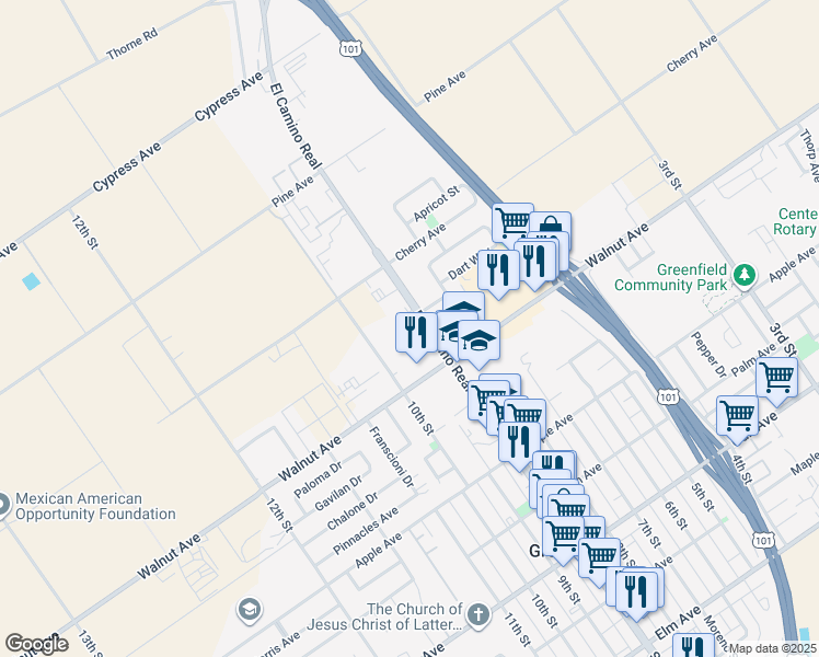 map of restaurants, bars, coffee shops, grocery stores, and more near 539 El Camino Real in Greenfield