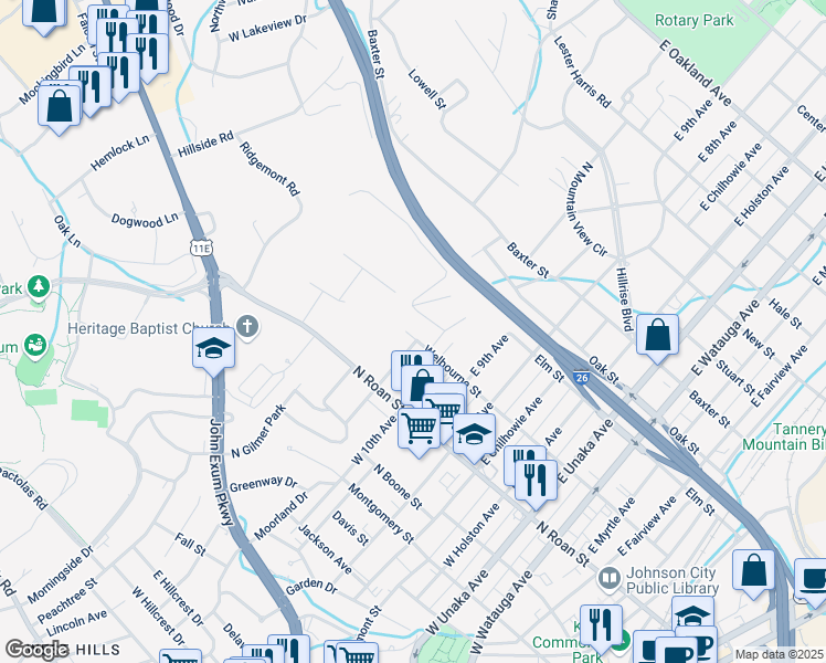 map of restaurants, bars, coffee shops, grocery stores, and more near 221 East 10th Avenue in Johnson City