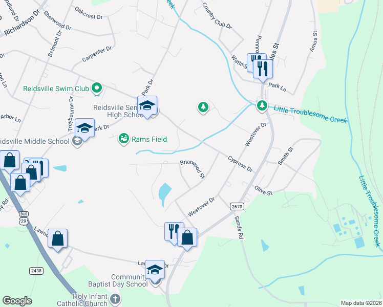 map of restaurants, bars, coffee shops, grocery stores, and more near 415 Cypress Drive in Reidsville