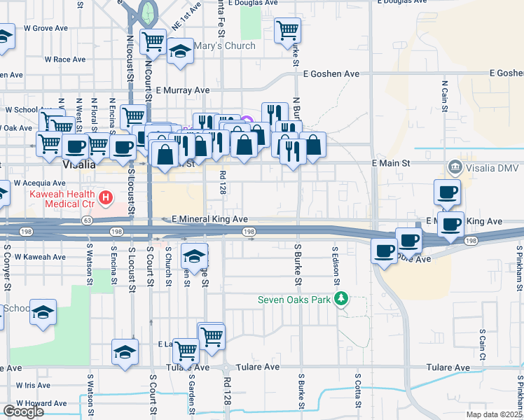 map of restaurants, bars, coffee shops, grocery stores, and more near 621 East Acequia Avenue in Visalia