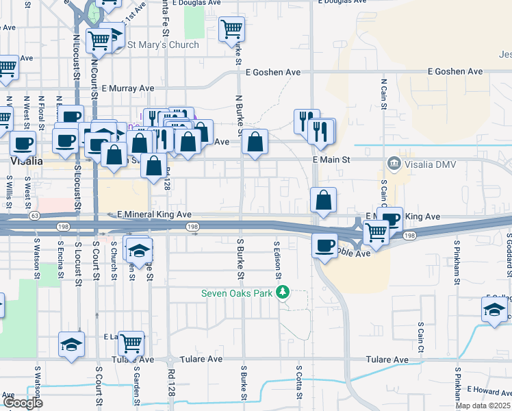 map of restaurants, bars, coffee shops, grocery stores, and more near 222 South Bradley Court in Visalia