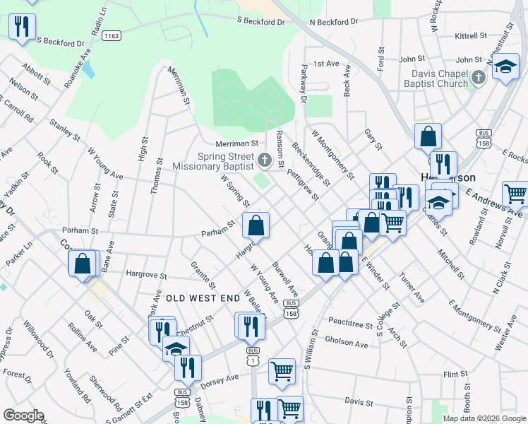 map of restaurants, bars, coffee shops, grocery stores, and more near 530 Parham Street in Henderson