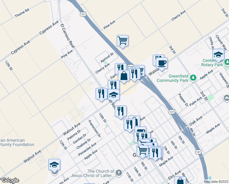 map of restaurants, bars, coffee shops, grocery stores, and more near 535 De Leon Drive in Greenfield