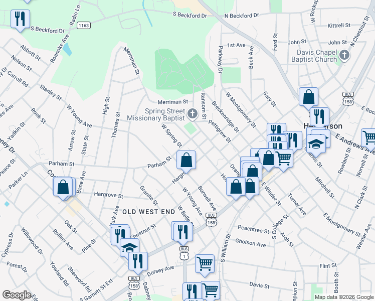 map of restaurants, bars, coffee shops, grocery stores, and more near 530 Parham Street in Henderson