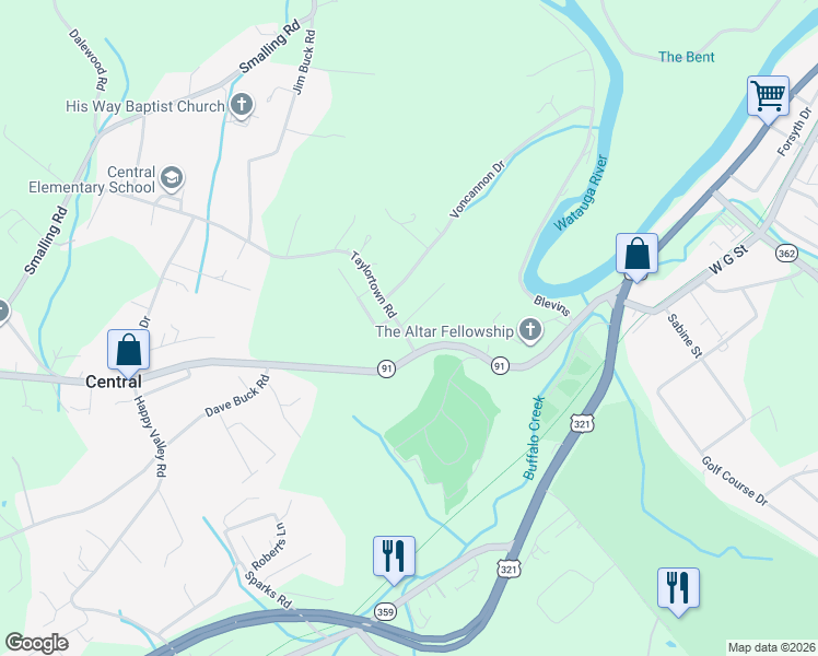 map of restaurants, bars, coffee shops, grocery stores, and more near 122 Taylortown Road in Johnson City