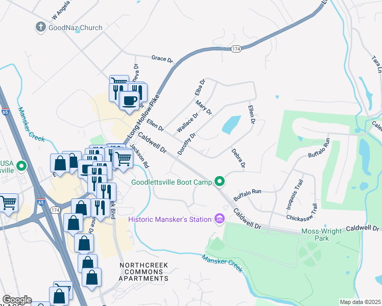 map of restaurants, bars, coffee shops, grocery stores, and more near 402 Ellen Drive in Goodlettsville