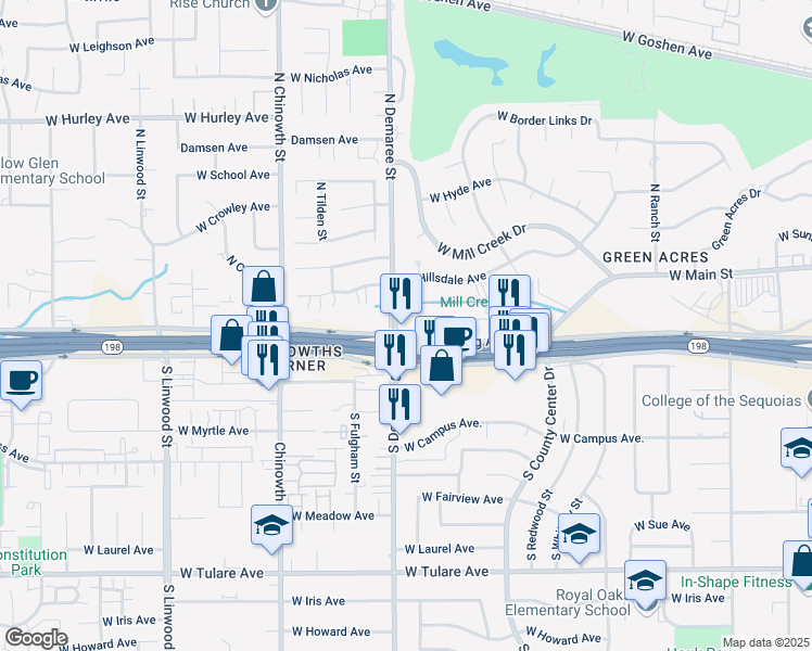 map of restaurants, bars, coffee shops, grocery stores, and more near 3632 West Mineral King Avenue in Visalia