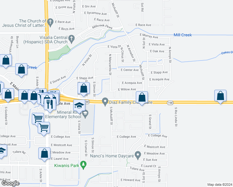 map of restaurants, bars, coffee shops, grocery stores, and more near 308 South Sumter Court in Visalia