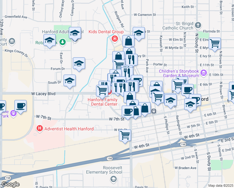 map of restaurants, bars, coffee shops, grocery stores, and more near 823 West Lacey Boulevard in Hanford