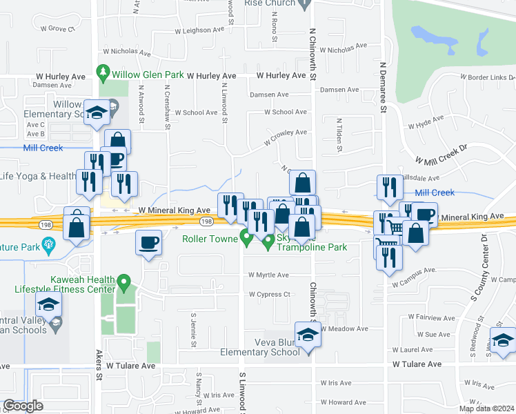 map of restaurants, bars, coffee shops, grocery stores, and more near 307 South Bollinger Road in Visalia