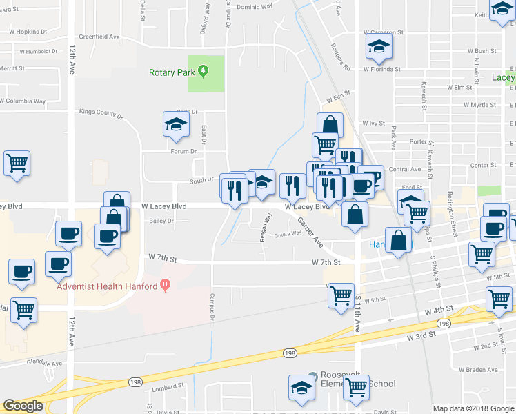 map of restaurants, bars, coffee shops, grocery stores, and more near 1071 West Lacey Boulevard in Hanford