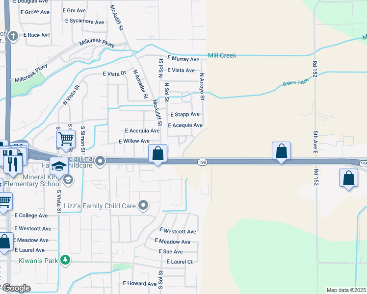 map of restaurants, bars, coffee shops, grocery stores, and more near 242 Burrel Drive in Visalia