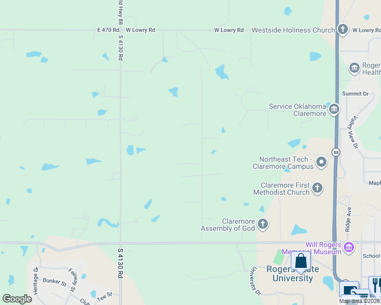 map of restaurants, bars, coffee shops, grocery stores, and more near 1809 College Park Road in Claremore