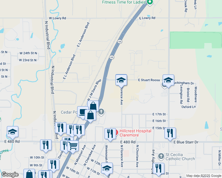 map of restaurants, bars, coffee shops, grocery stores, and more near 1915 North Florence Avenue in Claremore