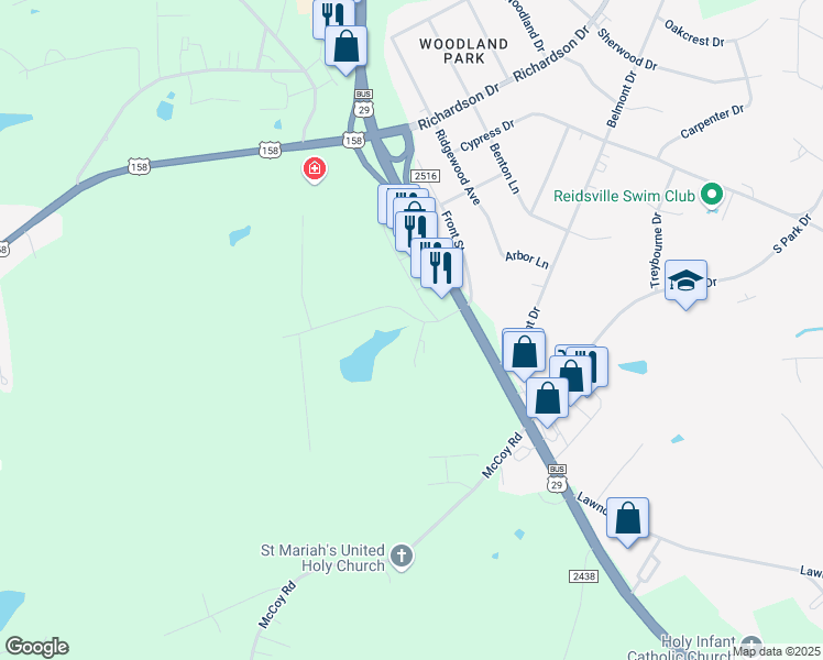 map of restaurants, bars, coffee shops, grocery stores, and more near 1339 Cotswald Terrace in Reidsville