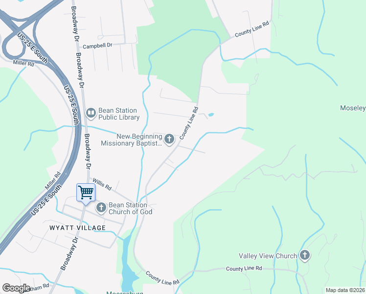 map of restaurants, bars, coffee shops, grocery stores, and more near 70-107 County Line Road in Mooresburg