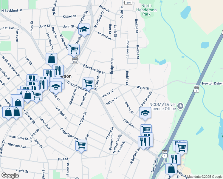 map of restaurants, bars, coffee shops, grocery stores, and more near 667 Vance Street in Henderson