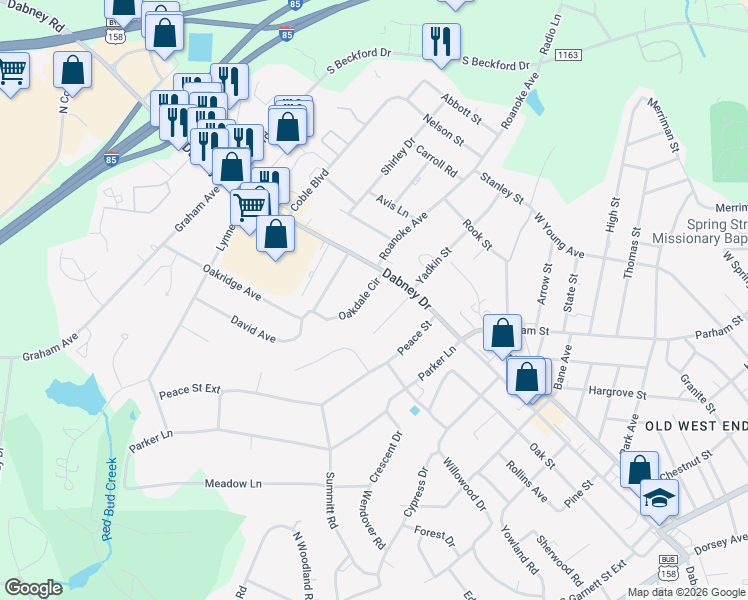 map of restaurants, bars, coffee shops, grocery stores, and more near 1517 Oakdale Circle in Henderson