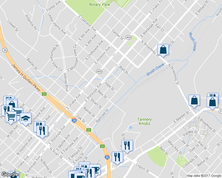 map of restaurants, bars, coffee shops, grocery stores, and more near 714 East Myrtle Avenue in Johnson City