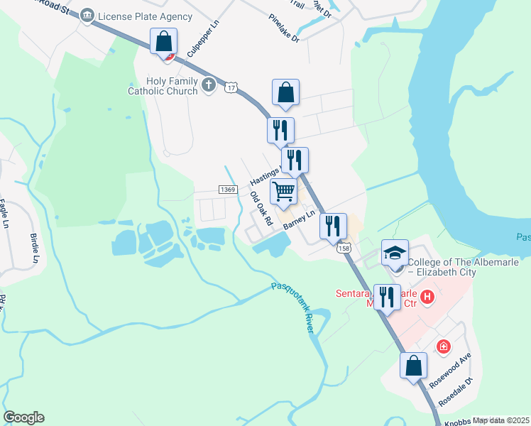 map of restaurants, bars, coffee shops, grocery stores, and more near 206 Old Oak Road in Elizabeth City