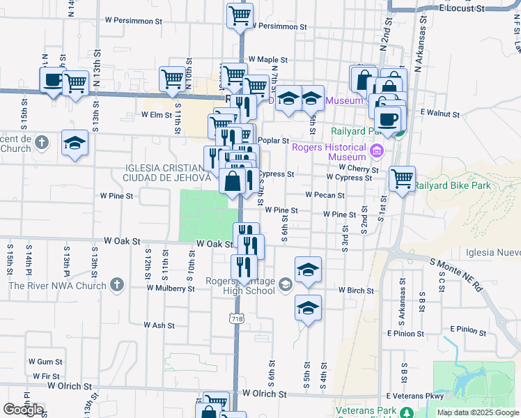 map of restaurants, bars, coffee shops, grocery stores, and more near 699 South 7th Street in Rogers
