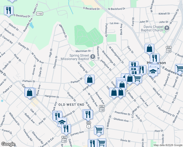 map of restaurants, bars, coffee shops, grocery stores, and more near 530 Parham Street in Henderson