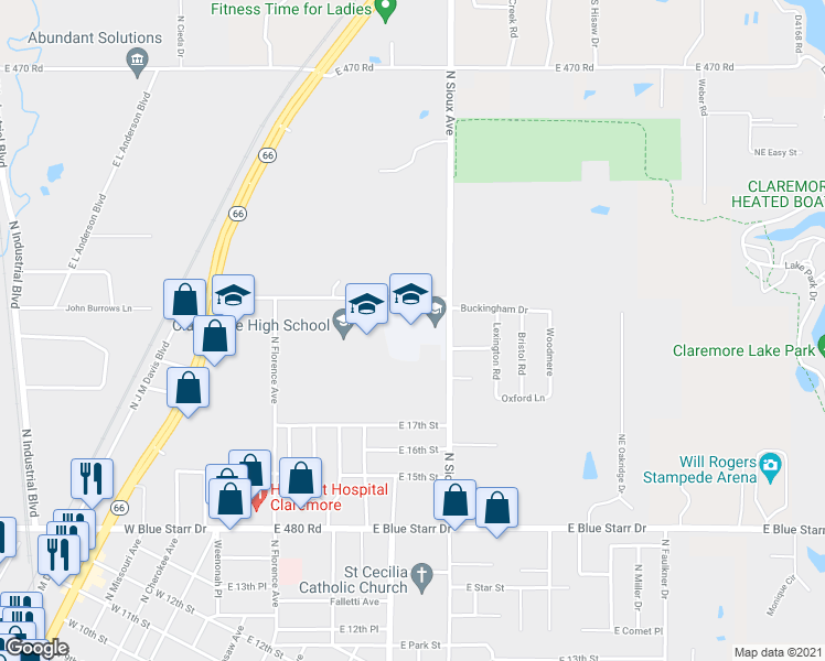map of restaurants, bars, coffee shops, grocery stores, and more near 2001 North Sioux Avenue in Claremore