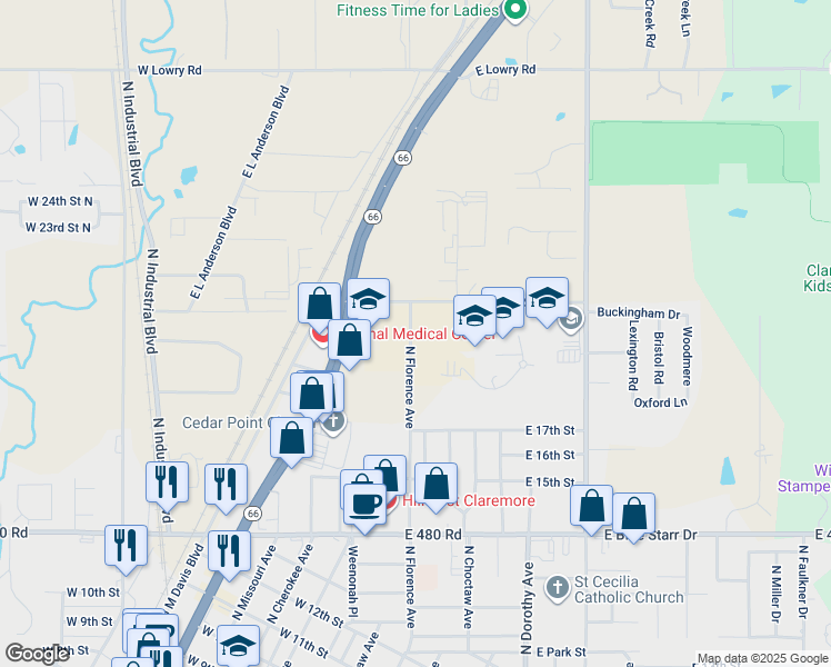 map of restaurants, bars, coffee shops, grocery stores, and more near 1910 North Florence Avenue in Claremore