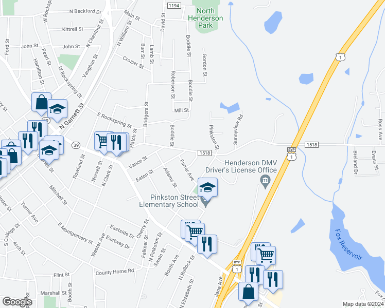 map of restaurants, bars, coffee shops, grocery stores, and more near 914 Water Street in Henderson