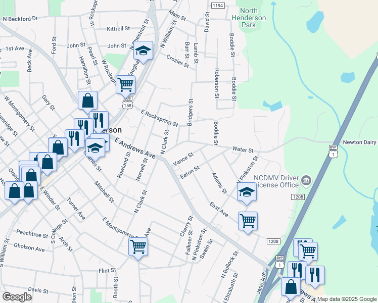 map of restaurants, bars, coffee shops, grocery stores, and more near 710 Water Street in Henderson