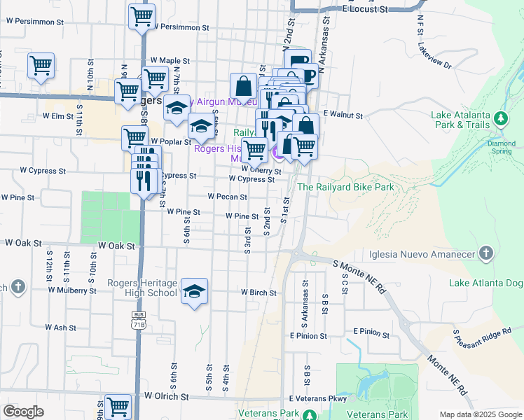 map of restaurants, bars, coffee shops, grocery stores, and more near 206 West Pecan Street in Rogers